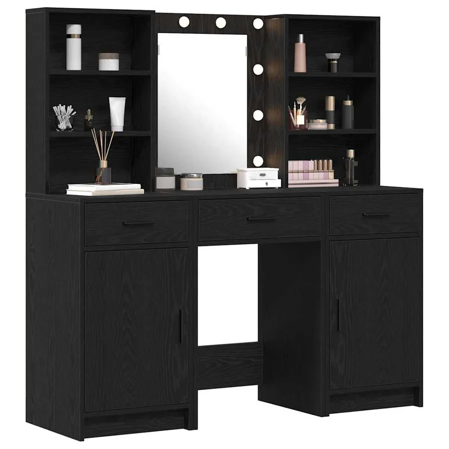 Ensemble de table de maquillage avec LED 3 pcs Chêne noir - 3