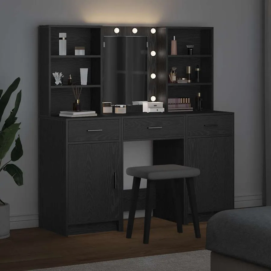Ensemble de table de maquillage avec LED 3 pcs Chêne noir - 4