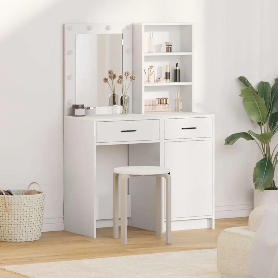 Ensemble de table de maquillage avec LED avec porte 2 pcs Blanc