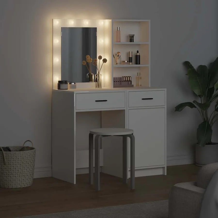 Ensemble de table de maquillage avec LED avec porte 2 pcs Blanc - 4