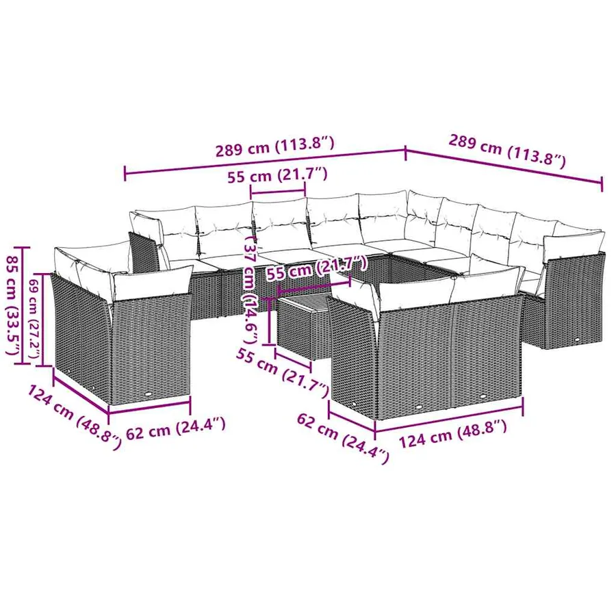 Salon de jardin avec coussins 14 pcs gris résine tressée - 10