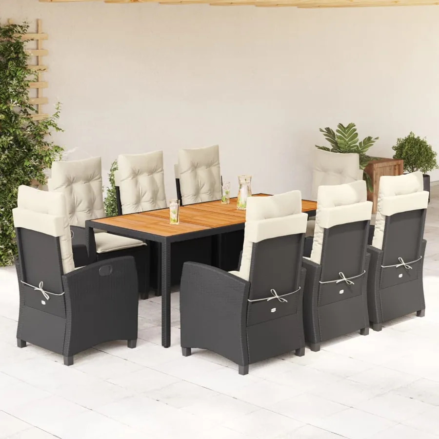 Ensemble à manger de jardin 9pcs coussins noir résine tressée