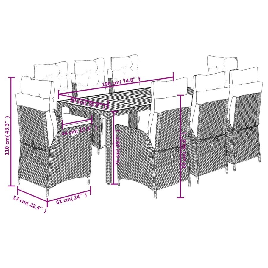 Ensemble à manger de jardin 9pcs coussins noir résine tressée - 9