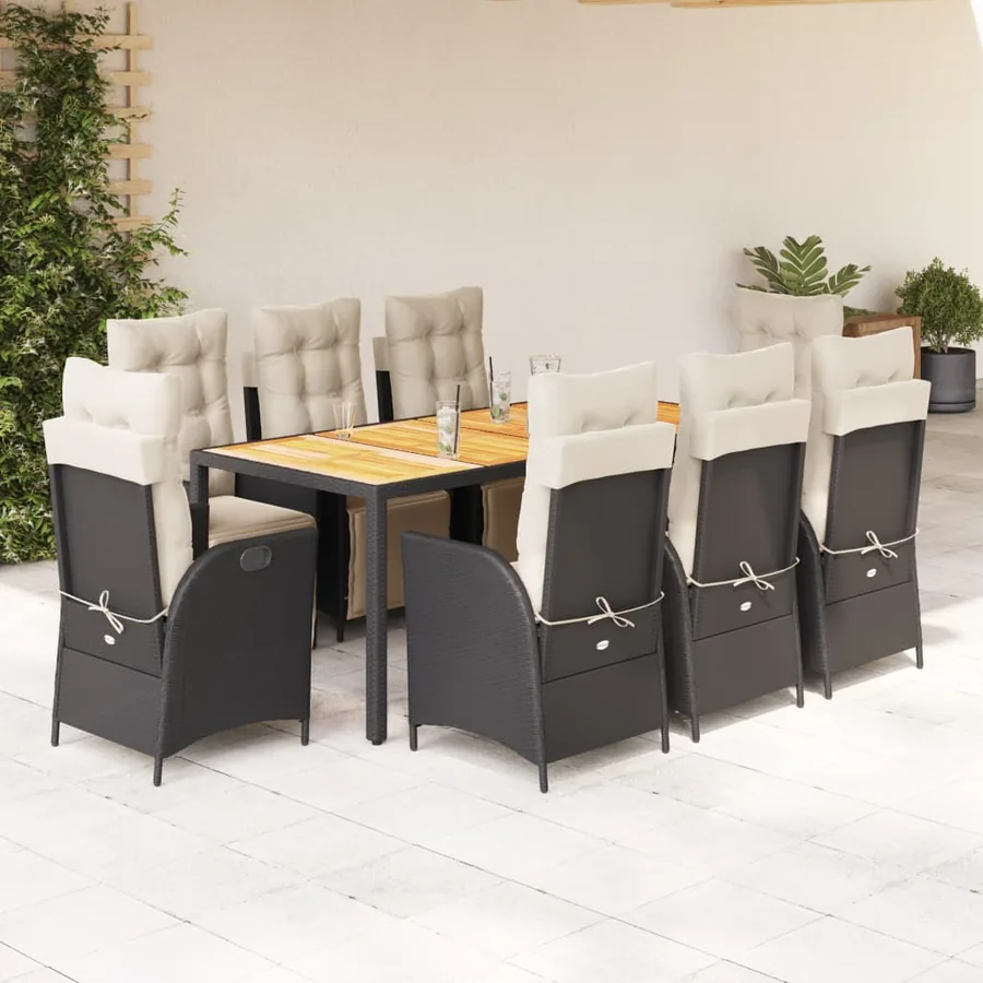 Ensemble à manger de jardin 9pcs coussins noir résine tressée