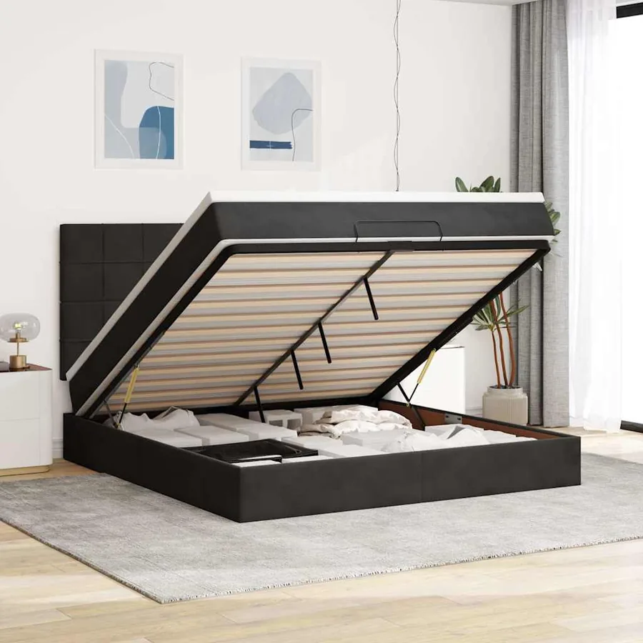 Cadre de lit ottoman avec matelas noir 180x200cm velours