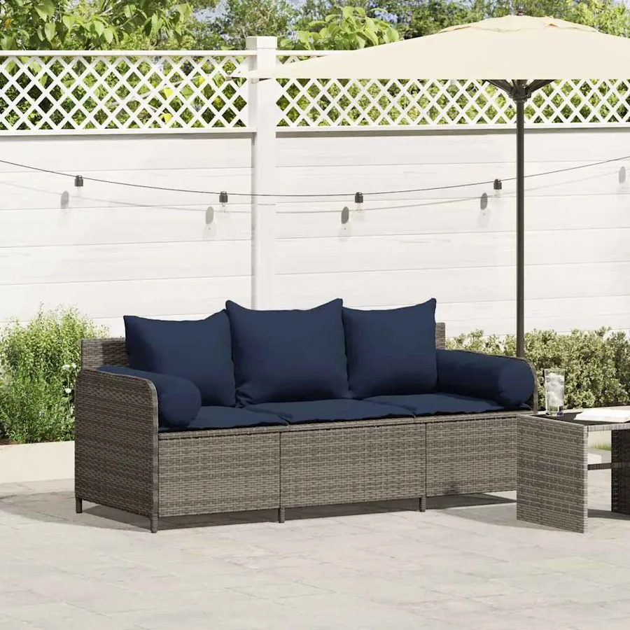Canapé de jardin avec coussins 3 places gris résine tressée