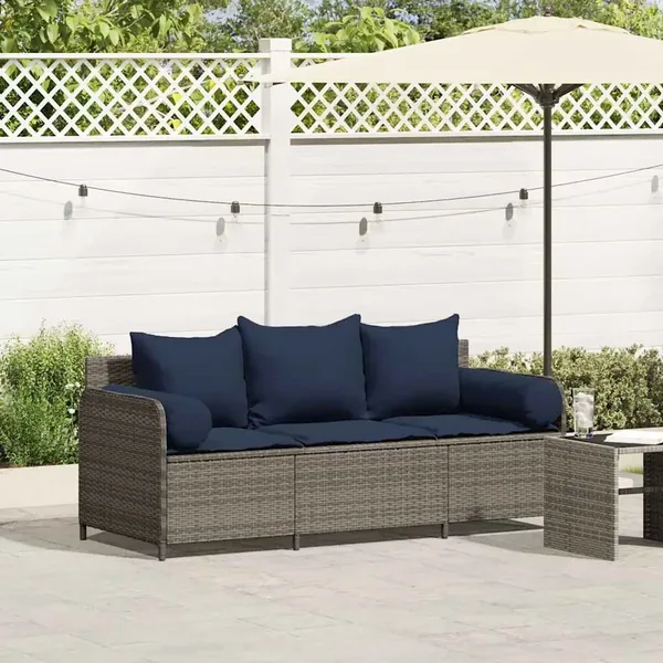 Canapé de jardin avec coussins 3 places gris résine tressée