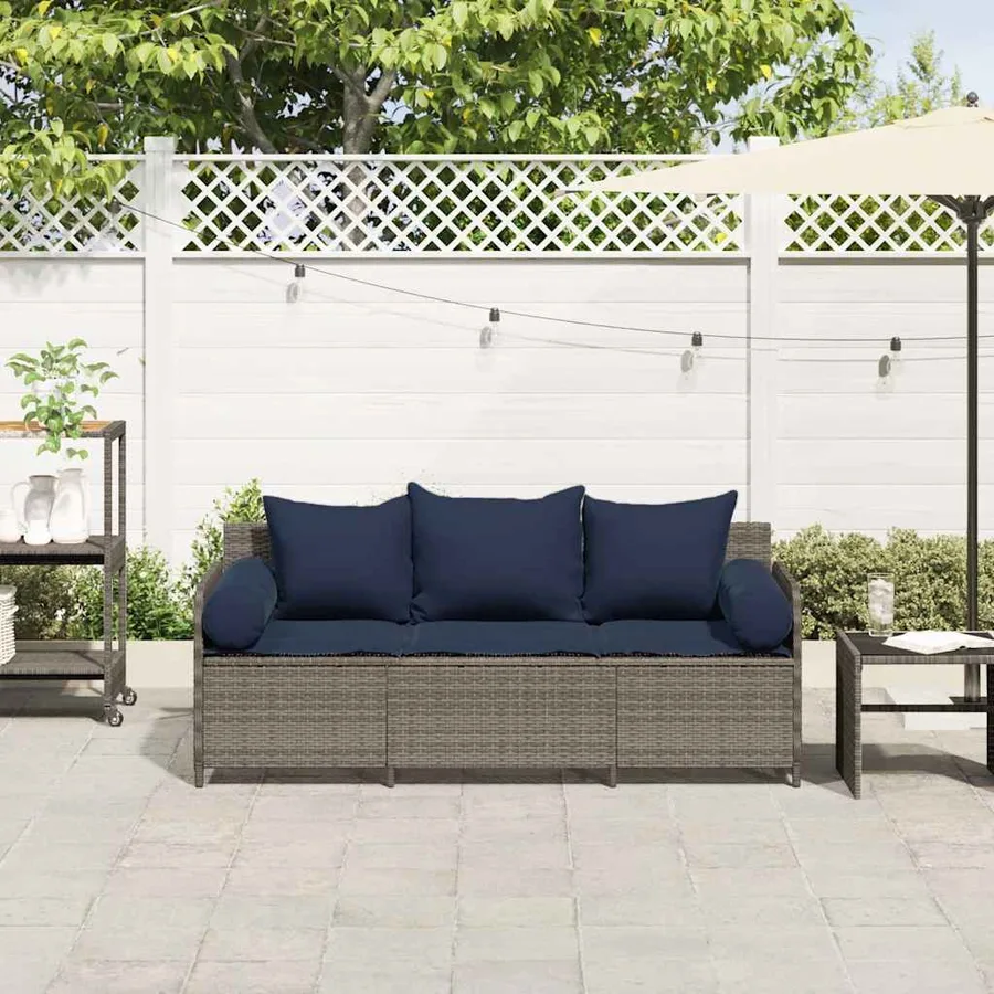 Canapé de jardin avec coussins 3 places gris résine tressée - 3