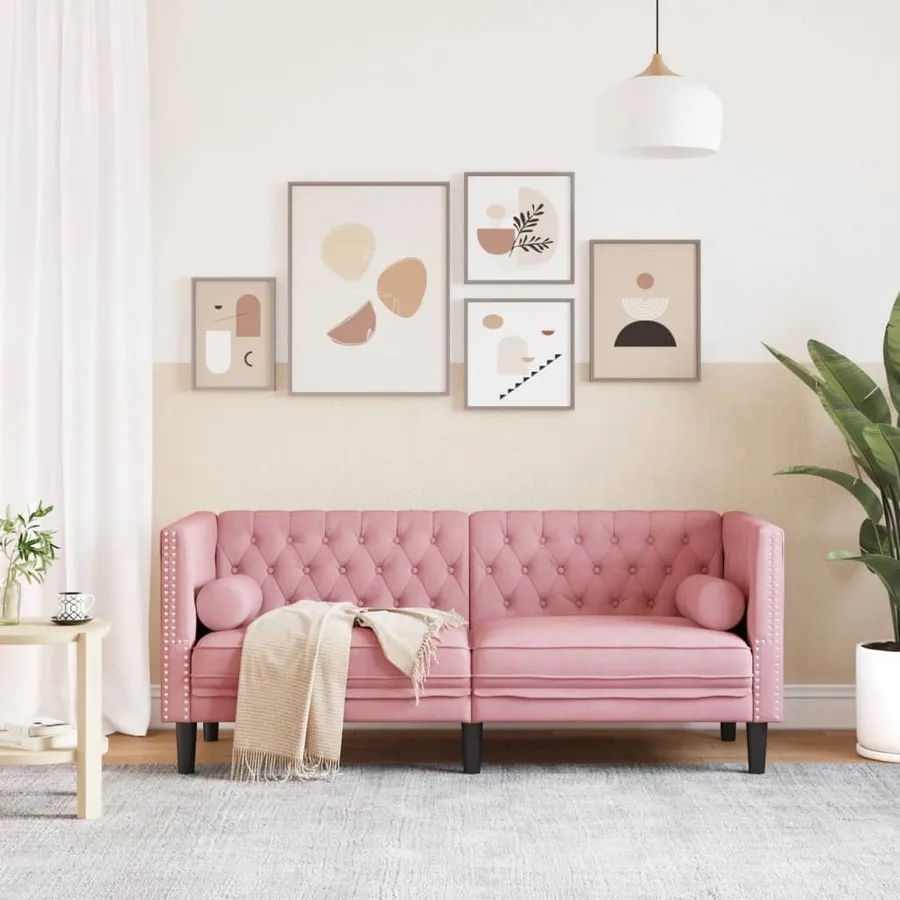 Canapé Chesterfield avec traversins 2 places rose velours - 3