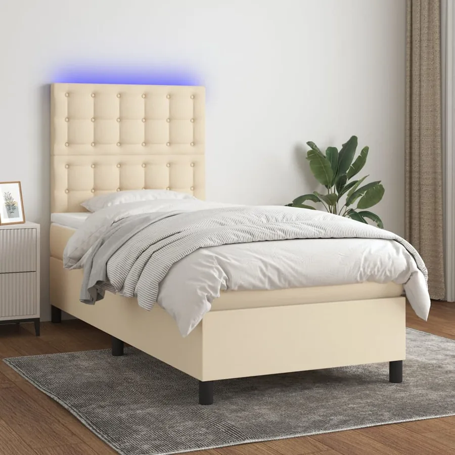 Sommier à lattes de lit et matelas et LED Crème 100x200cm Tissu