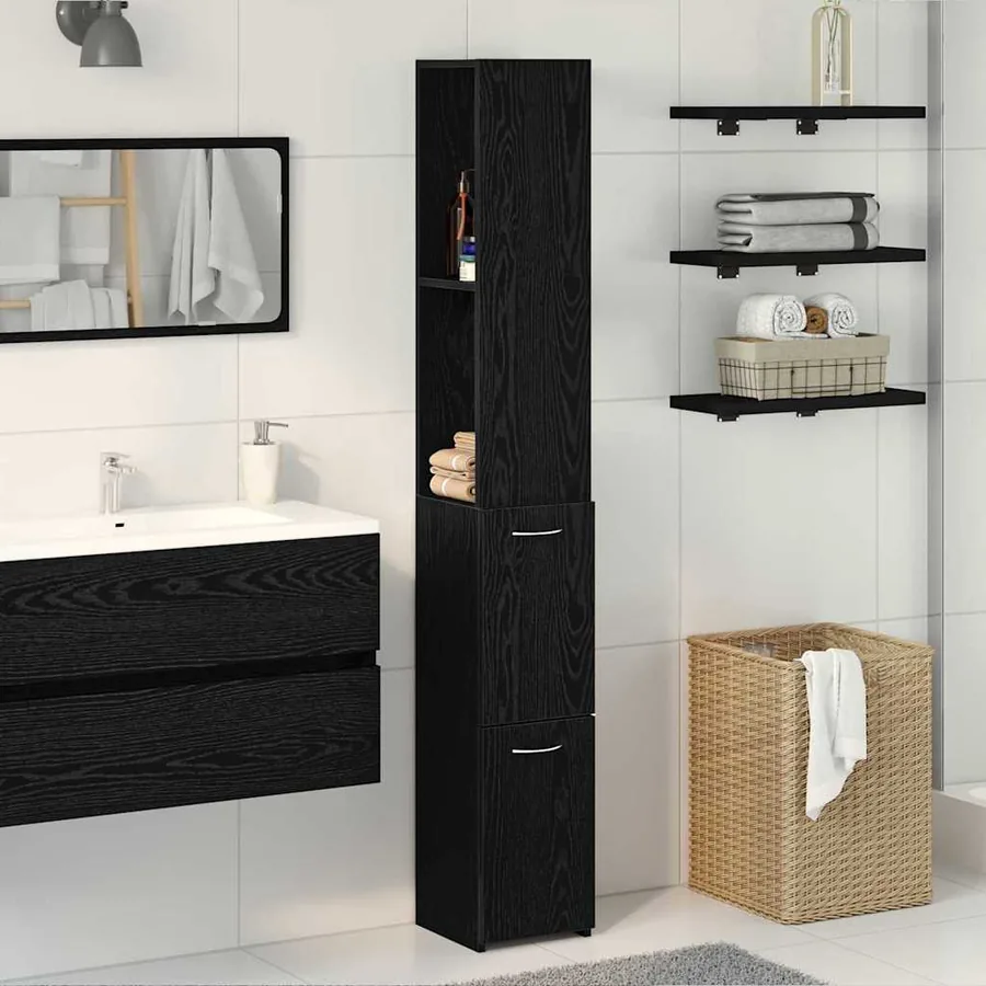 Cabinet de salle de bain avec porte Chêne noir 25 x 25 x 170 cm