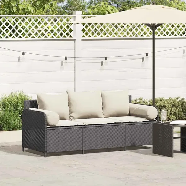 Canapé de jardin avec coussins 3 places noir résine tressée