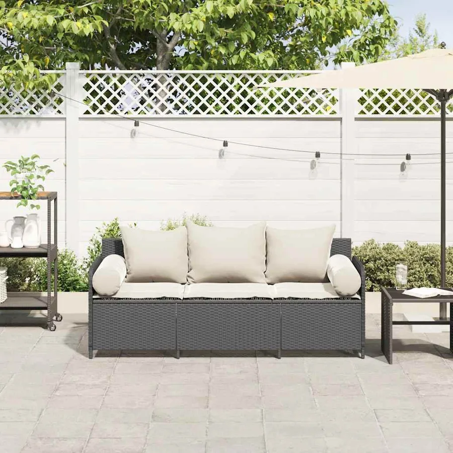 Canapé de jardin avec coussins 3 places noir résine tressée - 3