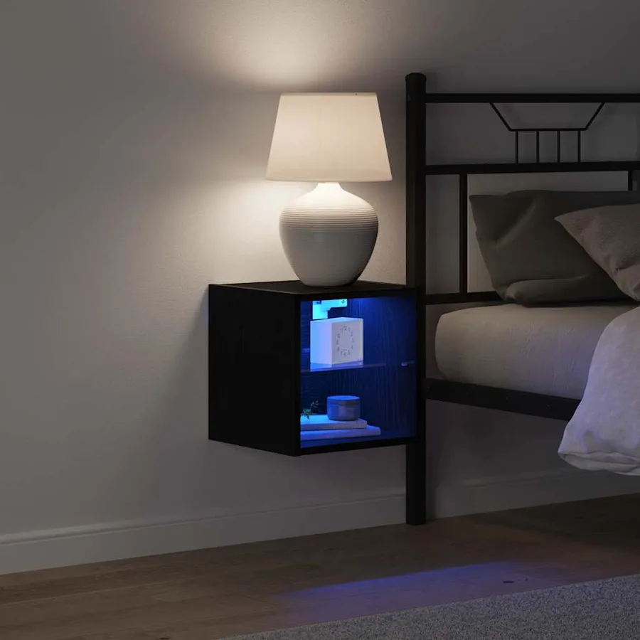 Cabinet de Chevet Murale LED 2 pcs Noir 30 x 28,5 x 30 cm - 5