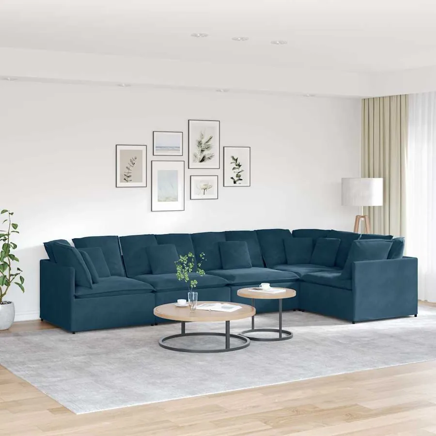 Canapé modulable avec coussins velours bleu