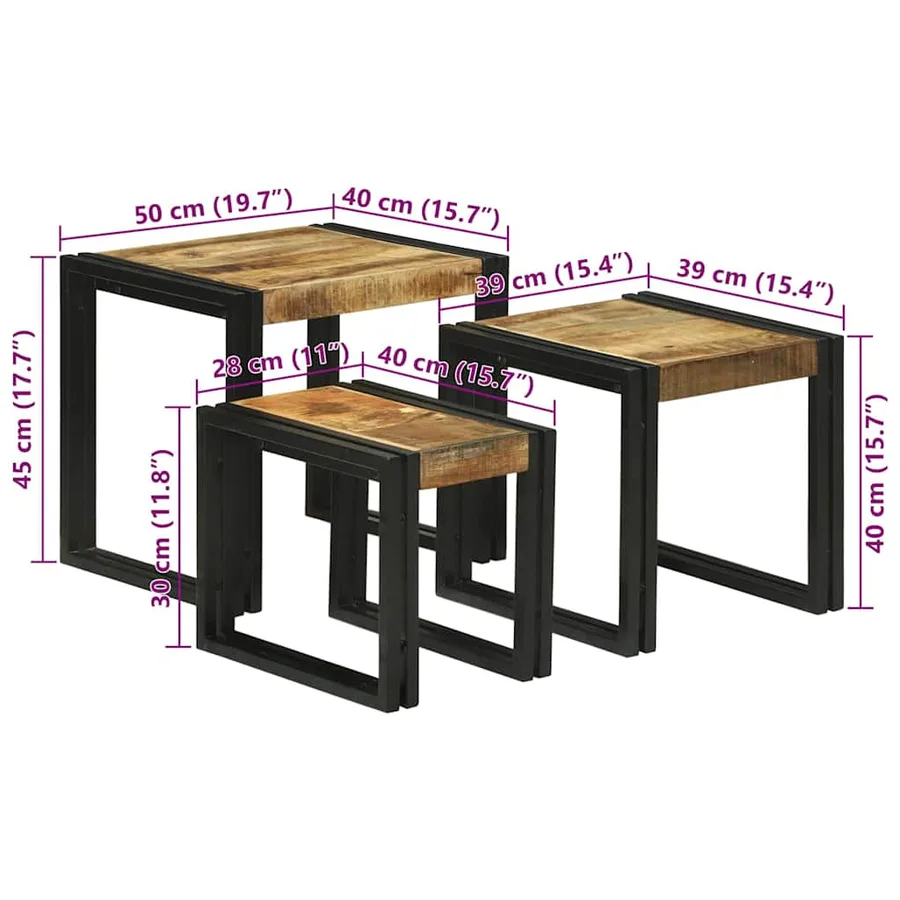 Table Gigogne 3 pcs Bois de Mangue Massif et Métal - 11