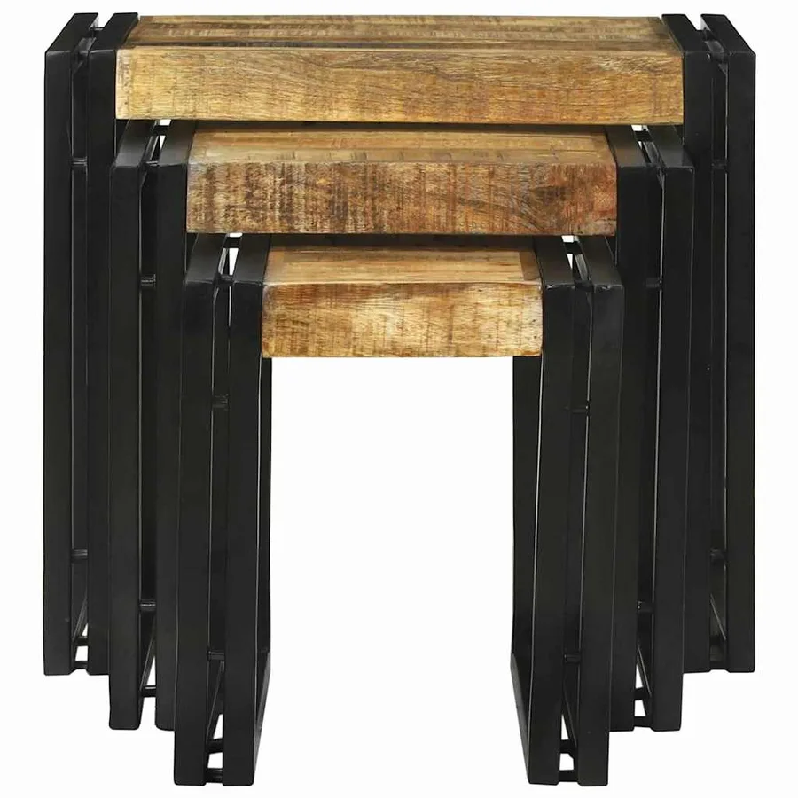 Table Gigogne 3 pcs Bois de Mangue Massif et Métal - 4
