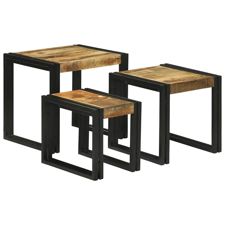 Table Gigogne 3 pcs Bois de Mangue Massif et Métal - 6