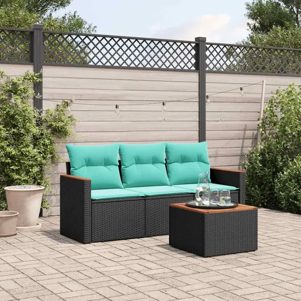Ensemble de canapé de jardin 4 pcs avec coussins noir résine tressée