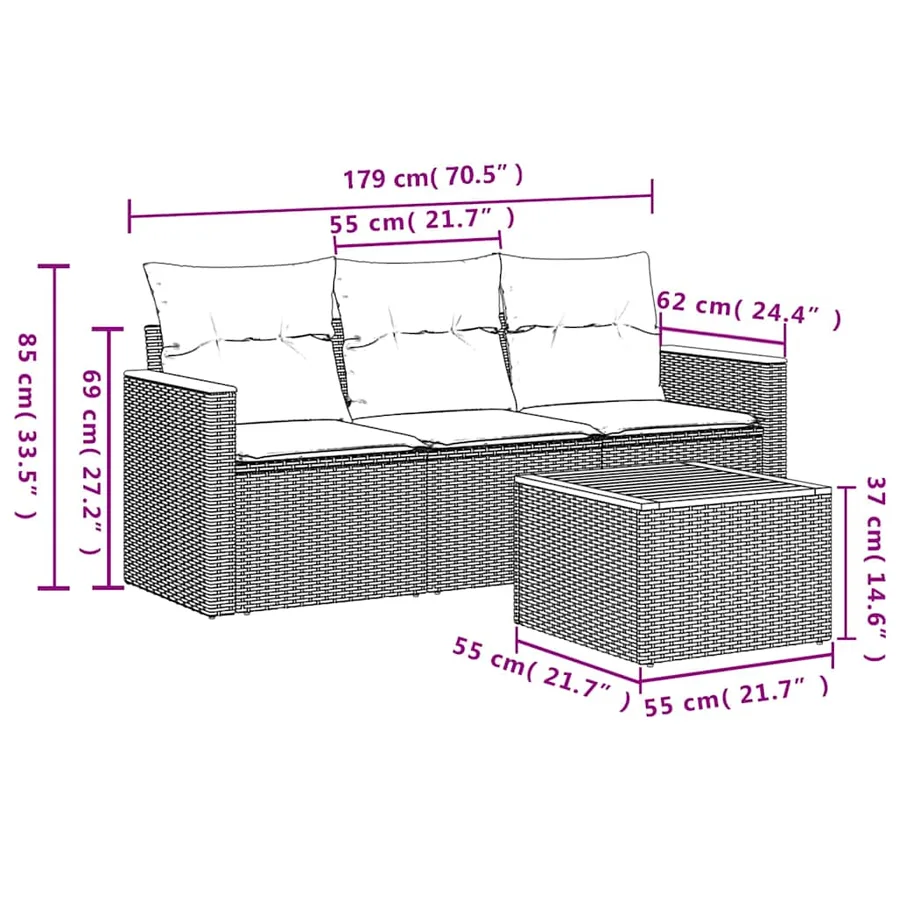 Ensemble de canapé de jardin 4 pcs avec coussins noir résine tressée - 8