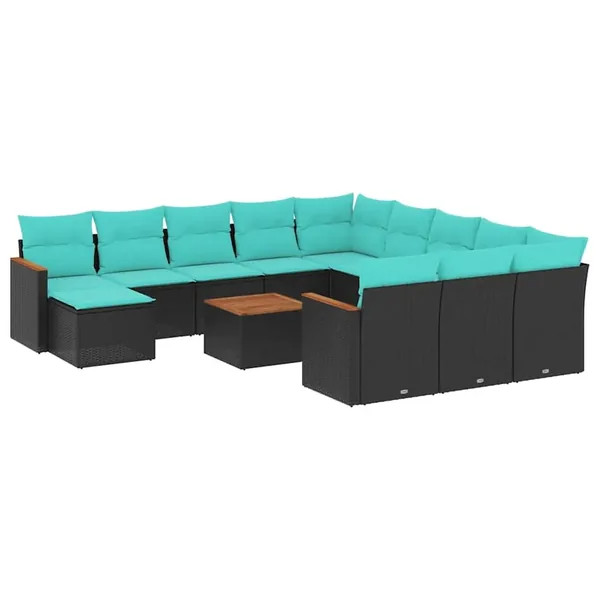 Ensemble de canapé de jardin 13 pcs avec coussins noir résine tressée