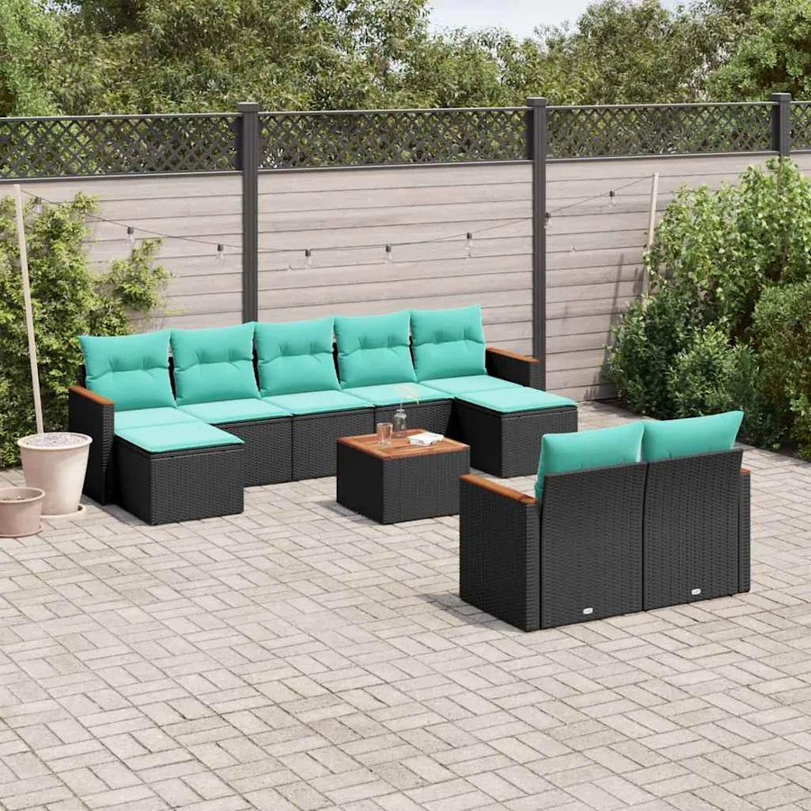 Ensemble de canapé de jardin 10 pcs avec coussins noir résine tressée