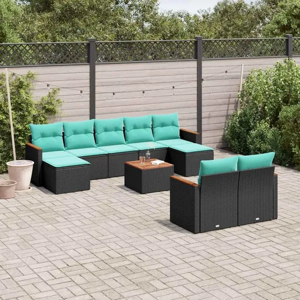 Ensemble de canapé de jardin 10 pcs avec coussins noir résine tressée