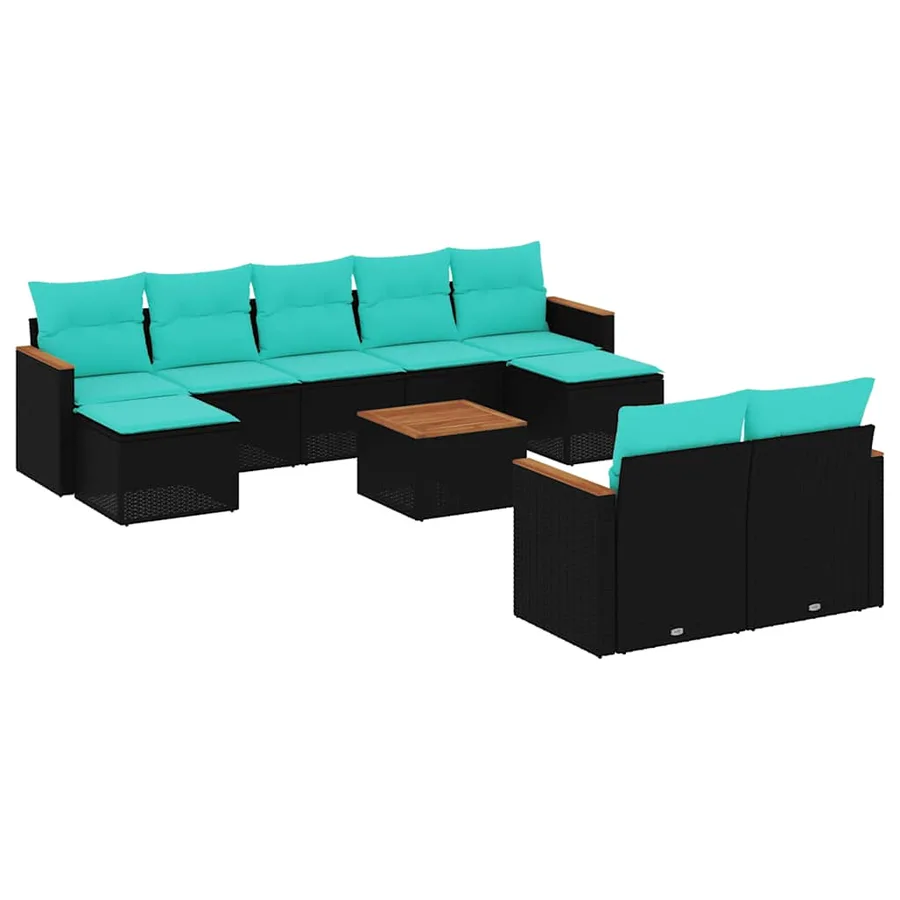 Ensemble de canapé de jardin 10 pcs avec coussins noir résine tressée - 2