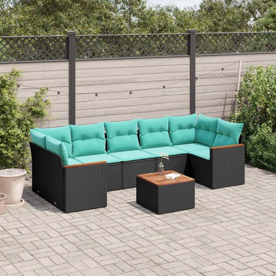 Ensemble de canapé de jardin 8 pcs avec coussins noir résine tressée