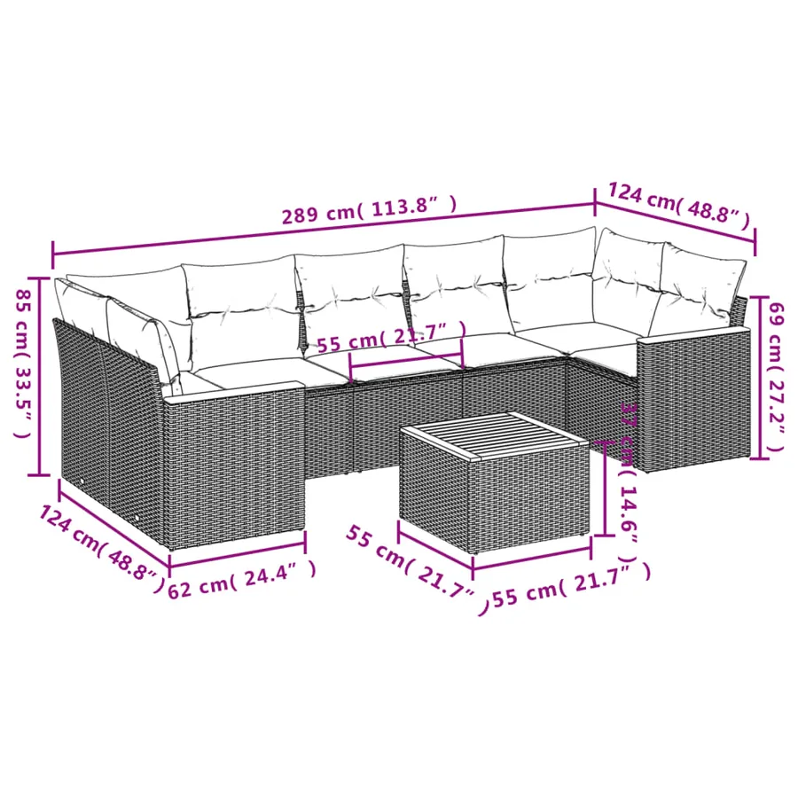 Ensemble de canapé de jardin 8 pcs avec coussins noir résine tressée - 8