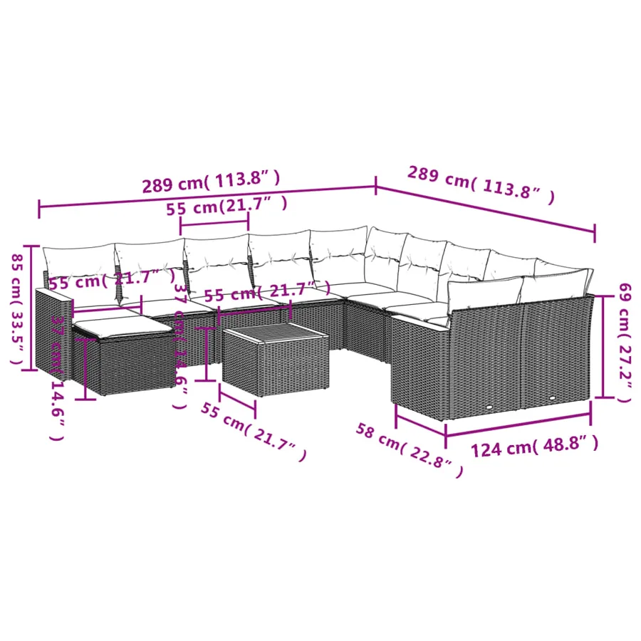 Ensemble de canapé de jardin 12 pcs avec coussins noir résine tressée - 8