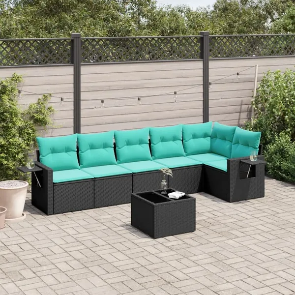 Ensemble de canapé de jardin 7 pcs avec coussins noir résine tressée