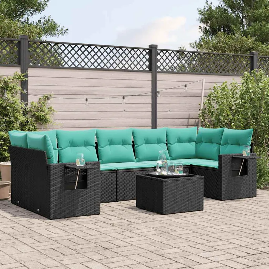Ensemble de canapé de jardin 8 pcs avec coussins noir résine tressée