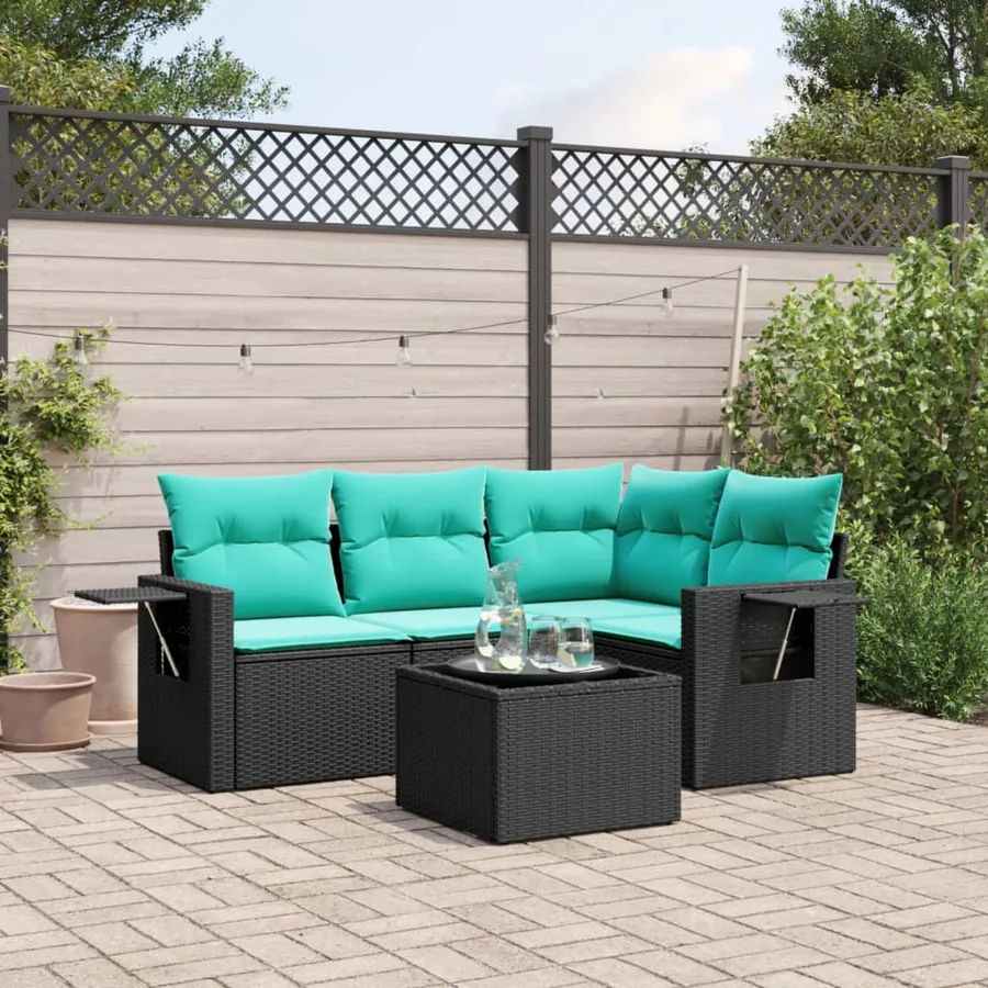 Ensemble de canapé de jardin 5 pcs avec coussins noir résine tressée