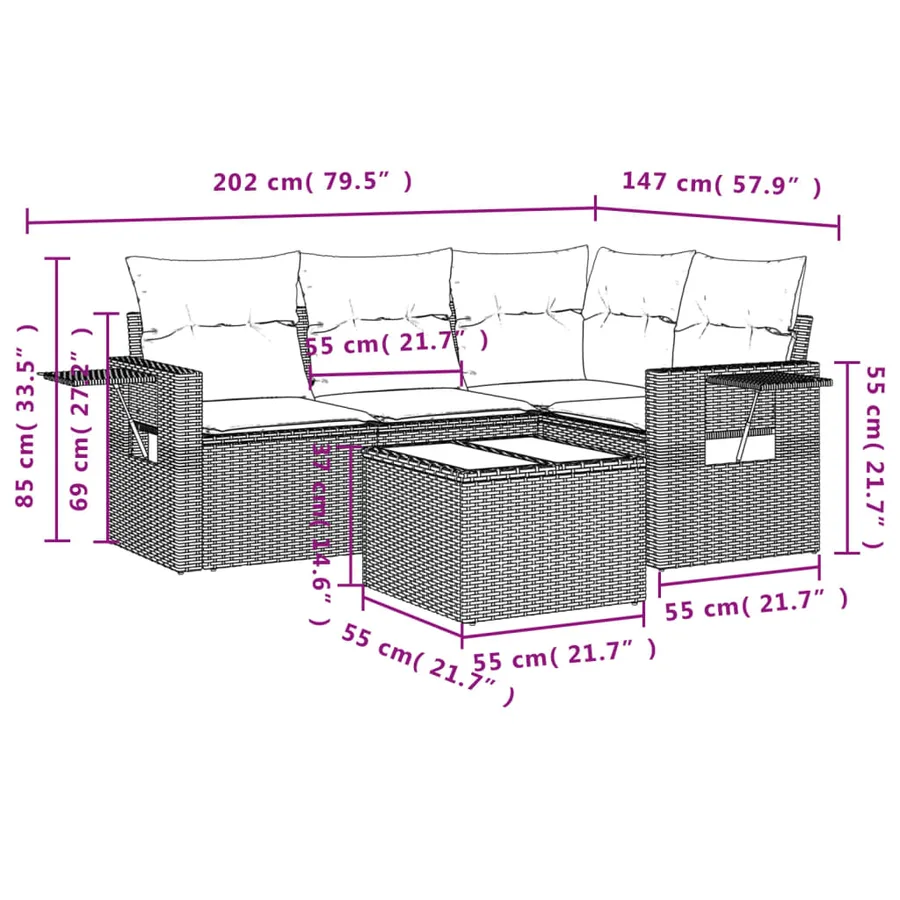 Ensemble de canapé de jardin 5 pcs avec coussins noir résine tressée - 9