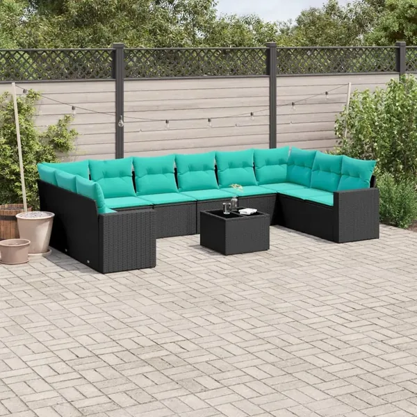 Salon de jardin 11 pcs avec coussins noir résine tressée