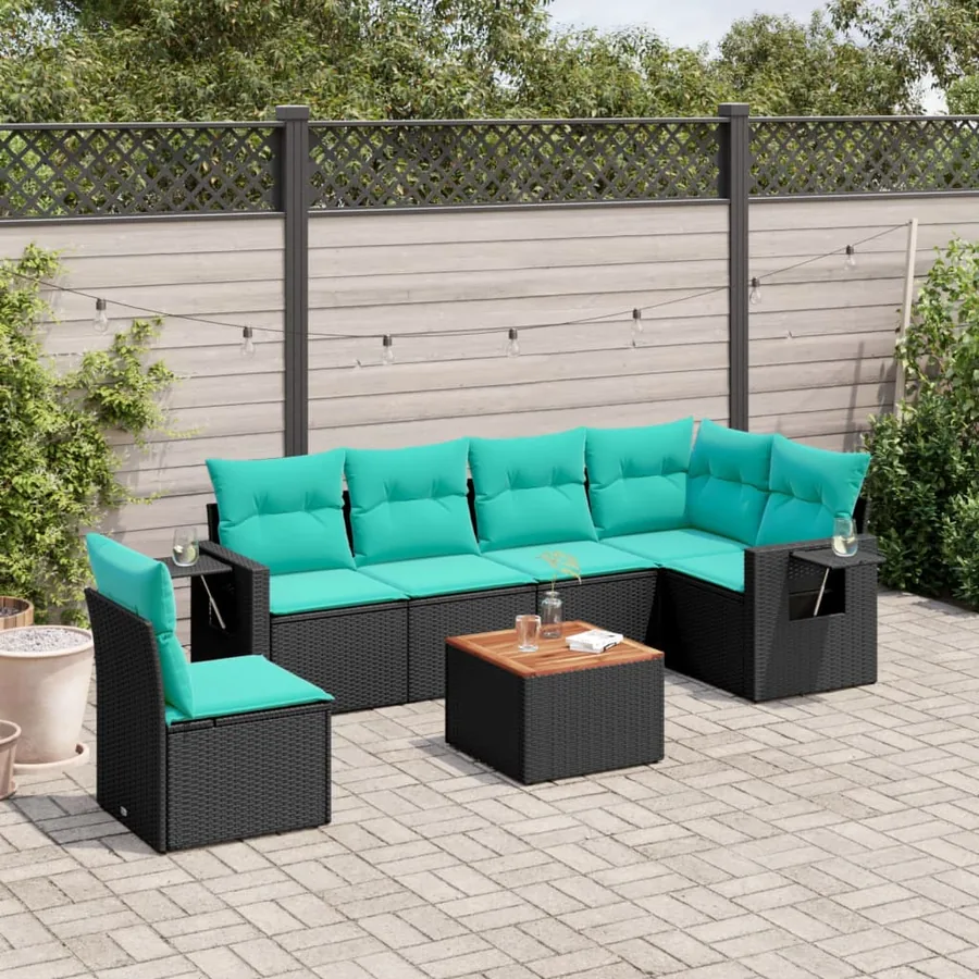 Ensemble de canapé de jardin 7 pcs avec coussins noir résine tressée