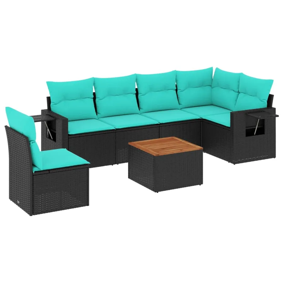 Ensemble de canapé de jardin 7 pcs avec coussins noir résine tressée - 2