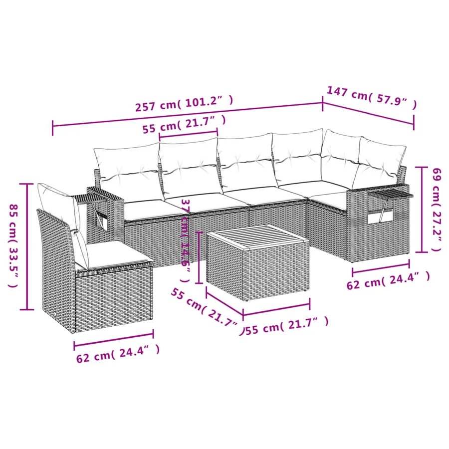 Ensemble de canapé de jardin 7 pcs avec coussins noir résine tressée - 9