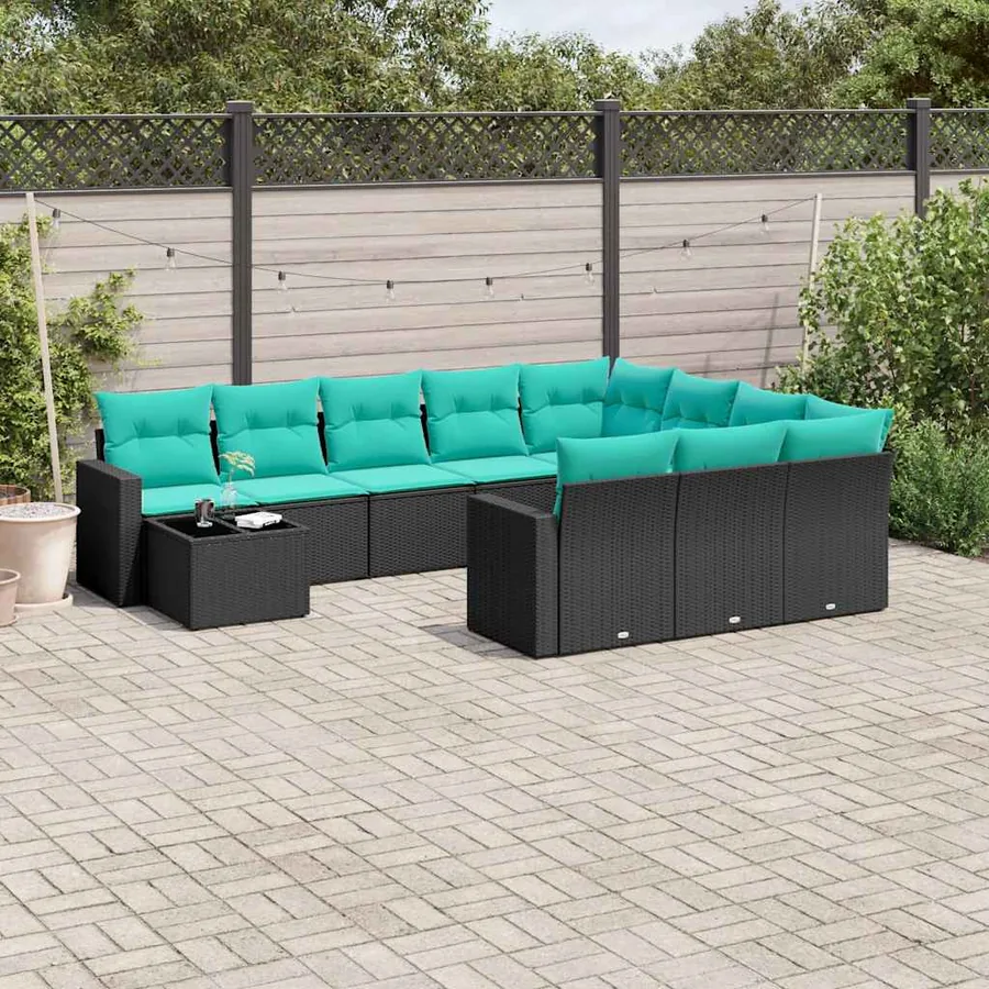 Ensemble de canapé de jardin 11 pcs avec coussins noir résine tressée