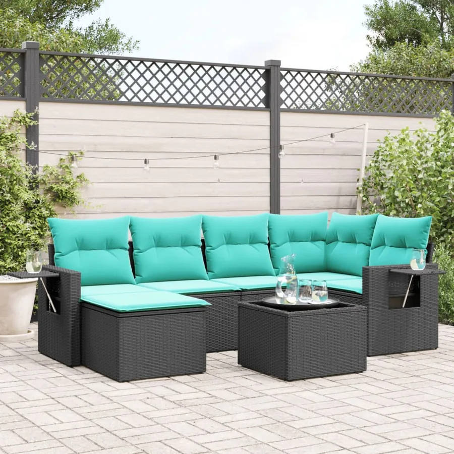 Ensemble de canapé de jardin 7 pcs avec coussins noir résine tressée