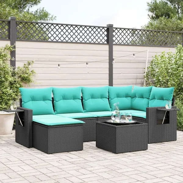 Ensemble de canapé de jardin 7 pcs avec coussins noir résine tressée
