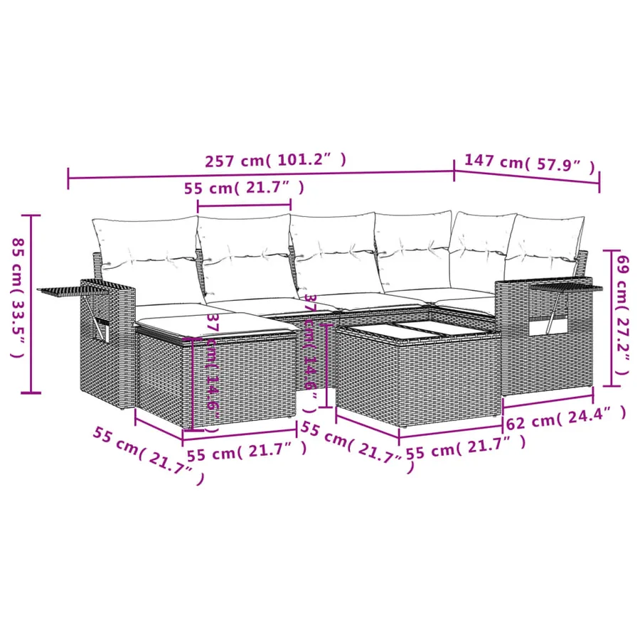 Ensemble de canapé de jardin 7 pcs avec coussins noir résine tressée - 10