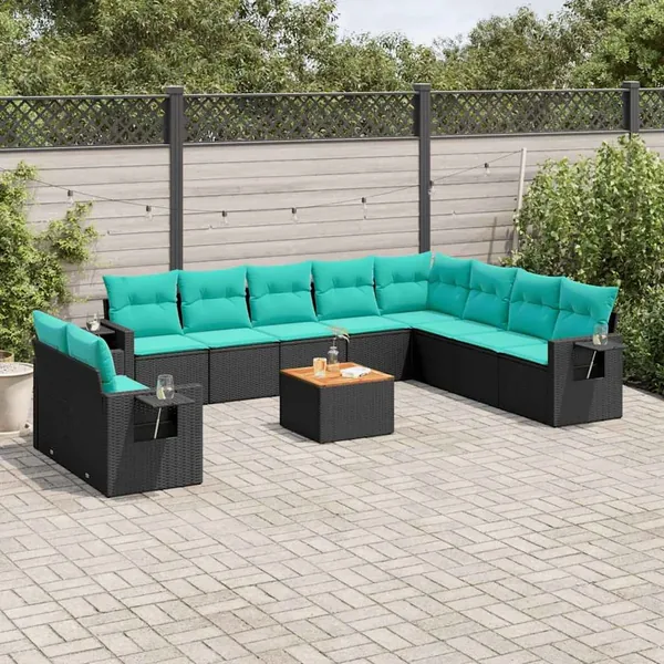 Ensemble de canapé de jardin 11 pcs avec coussins noir résine tressée