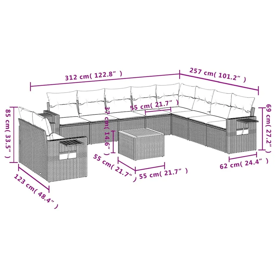 Ensemble de canapé de jardin 11 pcs avec coussins noir résine tressée - 9
