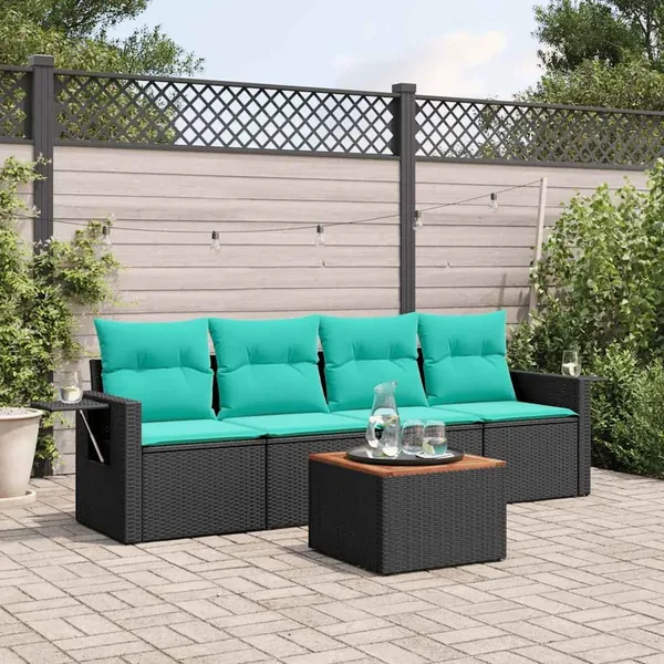 Ensemble de canapé de jardin 5 pcs avec coussins noir résine tressée