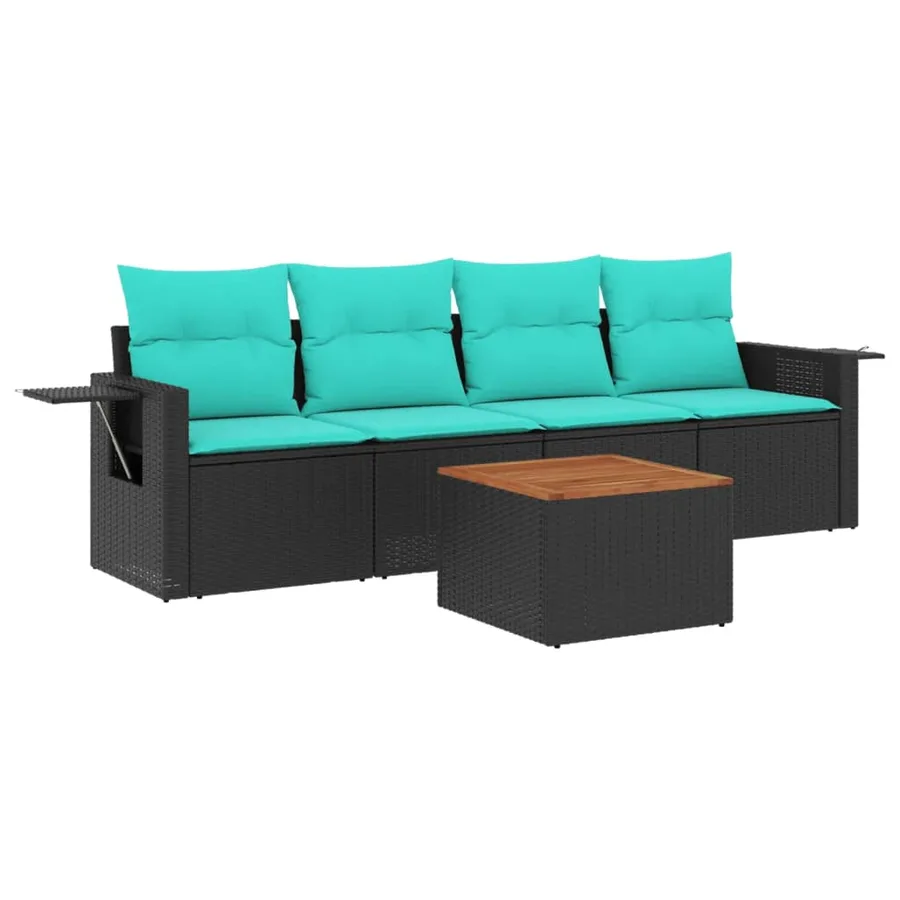 Ensemble de canapé de jardin 5 pcs avec coussins noir résine tressée - 2