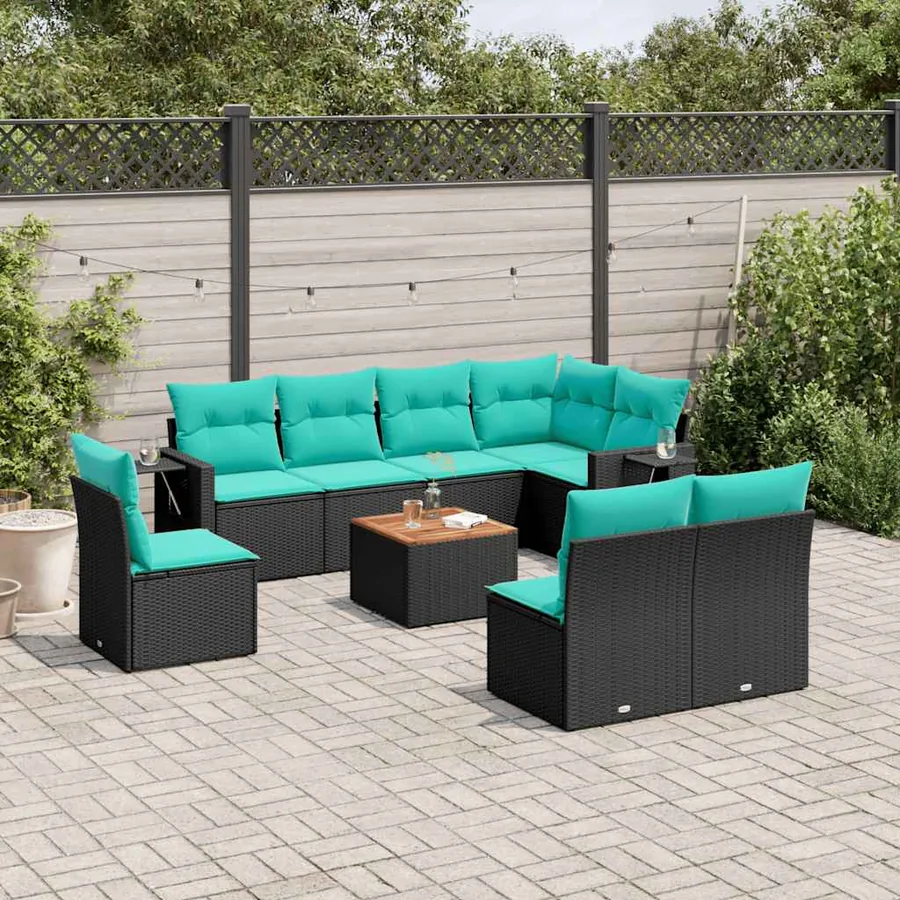 Ensemble de canapé de jardin 9 pcs avec coussins noir résine tressée