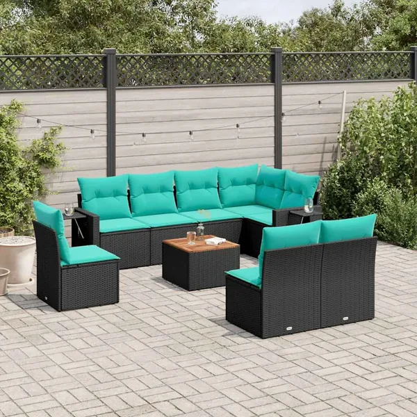 Ensemble de canapé de jardin 9 pcs avec coussins noir résine tressée
