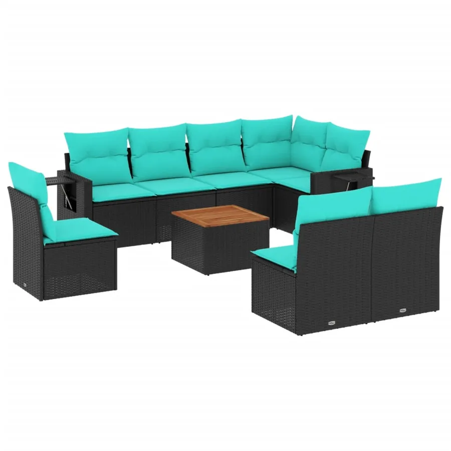 Ensemble de canapé de jardin 9 pcs avec coussins noir résine tressée - 2